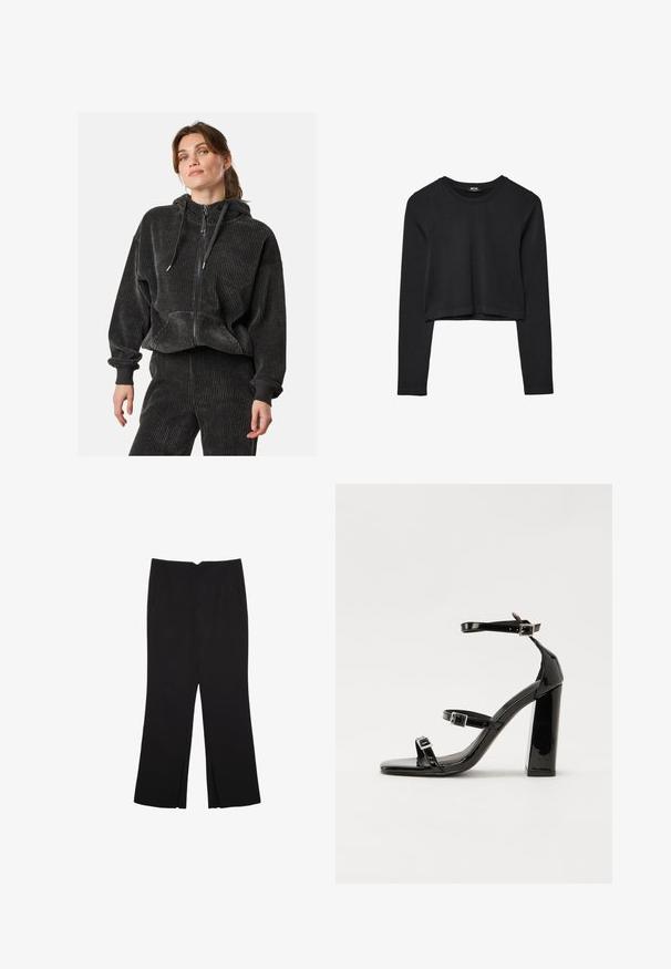 Schwarze Cord-Collegejacke mit entspannter Passform, gerippter Textur, Kordelzugkapuze und vorderen Taschen, kombiniert mit passenden Hosen.; Schwarzes, langärmliges, kurz geschnittenes Oberteil mit Rundhalsausschnitt, schlichter Gestaltung und leicht abgerundetem Saum.; Schwarze Hose mit geradem Schnitt, ausgestattet mit Fronttaschen und Seitenschlitzen am Saum. Hergestellt aus weichem, glattem Stoff. Geeignet für verschiedene Anlässe.; Schwarze Lackleder-Sandalen mit hohen Absätzen, zwei Riemen mit Schnallen, quadratischer Zehenpartie und klobigem Blockabsatz, mit einer glatten, glänzenden Textur.