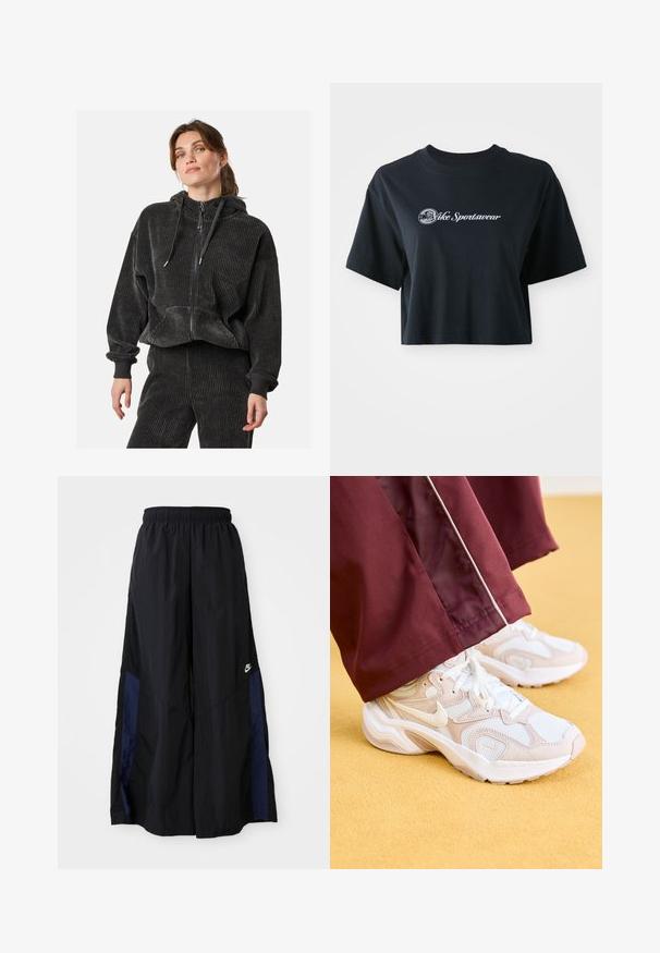 Black corduroy zip-up hoodie with a relaxed fit, ribbed texture, drawstring hood, and front pockets, paired with matching pants.; Cropped black cotton t-shirt with short sleeves, featuring white text "Vice Sportswear" and a circular graphic on the front.; Black wide-leg pants made of lightweight fabric, featuring a navy blue side panel and an elastic waistband. Small white logo on bottom.; Nike Sportswear AL8 - Trainers - platinum violet/white/metallic silver