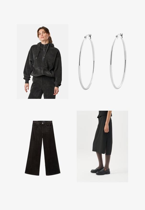 Czarna, kreszowana bluza z kapturem na zamek o luźnym kroju, z prążkowaną teksturą, z regulowanym kapturem oraz kieszeniami z przodu, w komplecie z dopasowanymi spodniami.; Szary prążkowany top na ramiączkach z okrągłym dekoltem i bez rękawów. Miękka tekstura i dopasowany krój, idealny do codziennych stylizacji lub jako warstwa.; Czarne spodnie z szerokimi nogawkami z korduroju, z wysokim stanem, kieszeniami z przodu i teksturowanym materiałem, z zapięciem na guzik i paskiem.; Czarna spódnica do kolan z bocznym rozcięciem, połączona z czarnymi mokasynami i przezroczystymi brązowymi rajstopami, charakteryzująca się gładkim materiałem i prostym wzorem.; Srebrne kolczyki koła o gładkim, polerowanym wykończeniu i bezszwowym designie, z zaokrąglonymi krawędziami i bezpiecznym zapięciem.