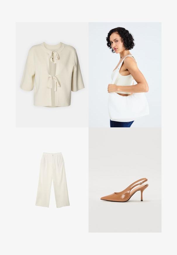 Cardigan à manches courtes, ouvert sur le devant, en tissu doux de couleur crème avec une texture côtelée et deux attaches à nouer au cou.; Haut gris clair à manches courtes avec un décolleté en V profond et une patte de boutonnage à quatre boutons, fabriqué en tissu doux avec une texture lisse.; Pantalons à jambes larges en tissu crème avec une texture lisse, dotés d'un seul bouton à l'avant, de plis subtils et d'un design taille haute.; Escarpin à talon slingback à bout pointu en matériau beige lisse et brillant. Présente un design de découpes courbées et un talon aiguille fin. Détail de boucle en argent.; Sac à épaule blanc en matériau lisse, doté d'une découpe ovale et d'une large sangle. Simple et moderne, sans quincaillerie visible.