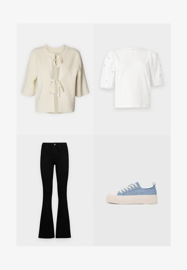Short-sleeved, open-front cardigan in soft, cream-colored fabric with a ribbed texture and two tie closures at the neck.; White cotton t-shirt with short puff sleeves, featuring small silver embellishments along the sleeves. Classic round neckline, relaxed fit.; Black high-waist jeans with a button and zip closure, front pockets, and flared legs laid flat on a white background.; Light blue canvas sneakers with a cream rubber toe cap and outsole, featuring white laces and a pull tab on the heel.
