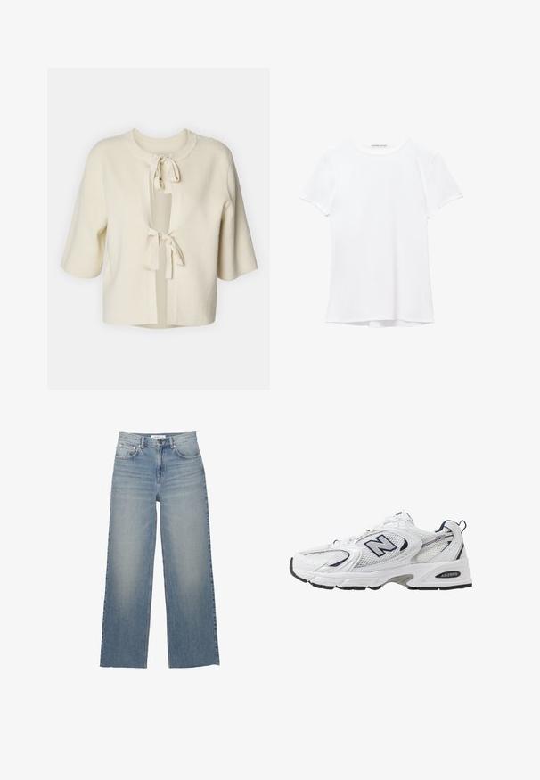 Krótki rękaw, kardigan z otwartym przodem z miękkiego, kremowego materiału o prążkowanej strukturze i dwóch zapięciach na wstążki przy szyi.; Biały krótki rękaw t-shirt wykonany z gładkiego materiału, z okrągłym dekoltem i subtelnymi detalami szycia na dole.; Jasnoniebieskie jeansy o szerokich nogawkach, wykonane z dżinsu, z wysokim stanem, kieszeniami z przodu i zapięciem na guzik. Gładka tekstura z wyblakłymi miejscami.; Białe sportowe buty z siateczkową cholewką, granatowymi akcentami i wyściełaną podeszwą. Posiadają logo "N", sznurówki oraz teksturowany detal po boku.