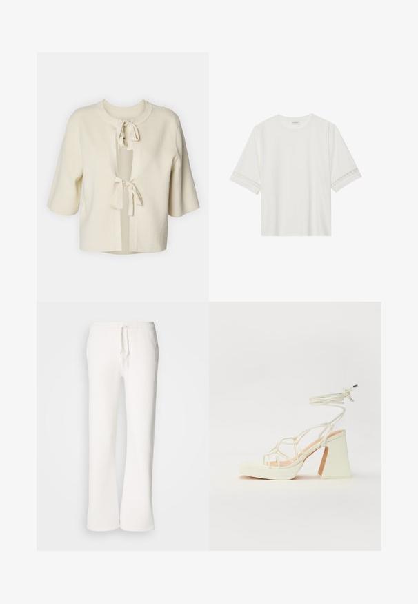 Īsām piedurknēm, atvērtā priekšā cardigānā no mīksta, krēmkrāsas auduma ar ribotām tekstūrām un diviem sasaitēm apkaklē.; Balta īsām piedurknēm T-kreklu, izgatavotu no kokvilnas, ar dekoratīvu mežģīņu apdari ap piedurknēm un apaļu kakla izgriezumu.; Baltas, brīvi pieguļoši sporta bikses, izgatavotas no mīkstas auduma, ar elastīgu jostu un aukliņu, kā arī taisna kāju dizainu.; Baltas augstpapēžu sandales ar masīvu papēdi, ar siksnu dizainu un potītes saistītiem elementiem. Gluda tekstūra ar platformu priekšpusē, lai nodrošinātu papildu augstumu.