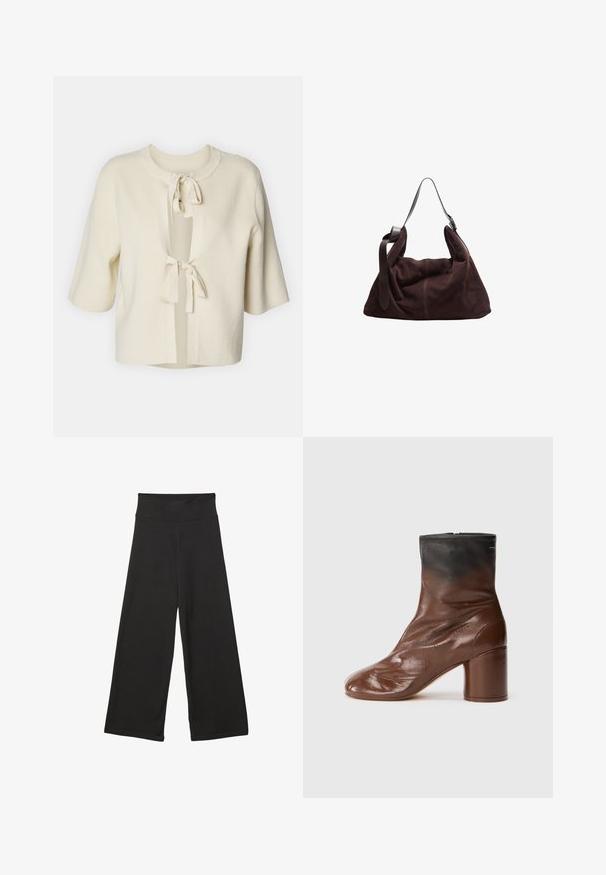 Kortærmet, åbenstående cardigan i blødt, cremede farvet stof med ribbet tekstur og to snørelukninger ved halsen.; Hvid oversized T-shirt lavet af blød bomuld. Har korte ærmer, en rund halsudskæring og en afslappet pasform uden synlige mønstre eller accenter.; Sorte brede bukser med høj elastisk talje, blødt stof og løs pasform, velegnede til afslappet tøj eller uformelle anledninger.; Brun læder ankelstøvle med rund tå, med en tekstureret overflade, en sort øverste del og en kraftig hæl. Lynlåslukning bagpå.; Mørkebrun ruskinds hobo skuldertaske med bred justerbar læderrem og blød, slaskende krop på hvid baggrund.