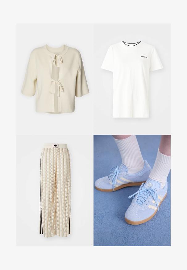 Cardigan cu mânecă scurtă, cu deschidere frontală, dintr-un material moale de culoare crem, cu textură cu nervuri și două închideri prin legare la gât.; Tricou alb din bumbac cu mâneci scurte și guler rotund. Prezentă un logo Adidas negru pe piept și un guler interior contrastant de culoare neagră.; Pantaloni largi de culoare crem, cu un model în zigzag, având un brâu cu logo negru și dungi laterale negre. Material ușor, texturat.; Tenisi din suede bleu deschis cu dungi albe, cu șireturi plate și talpă din cauciuc de tip gumă. Șosete albe cu model în dungi sunt purtate deasupra gleznei.