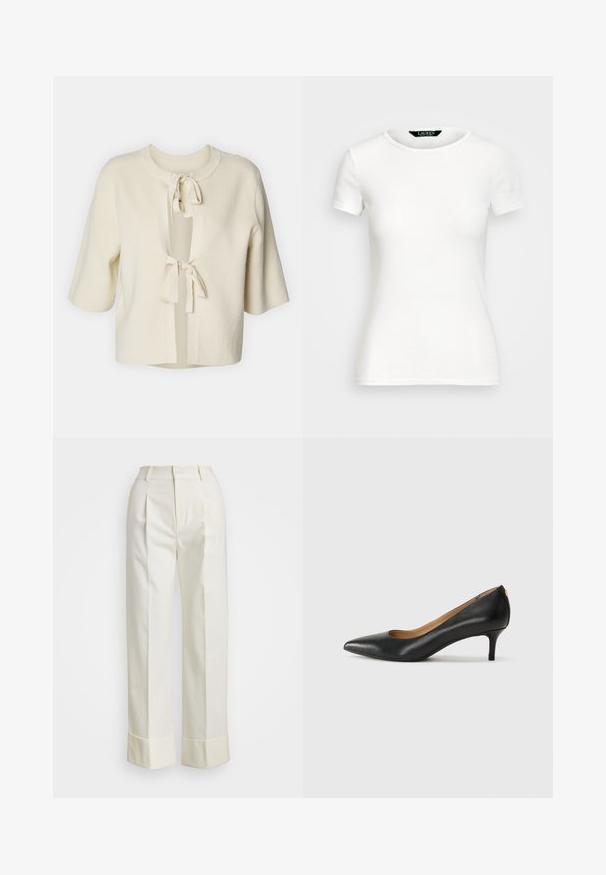Cardigan à manches courtes, ouvert sur le devant, en tissu doux de couleur crème avec une texture côtelée et deux attaches à nouer au cou.; T-shirt en coton blanc avec des manches courtes, col rond, design ajusté et texture lisse. Étiquette de logo au niveau du col.; Pantalons blancs ajustés au taille haute, avec de doubles plis devant et des jambes larges à ourlets repliés. Fabriqués en un tissu lisse et texturé.; Pompe noire en cuir avec un embout pointu, un petit talon et une texture lisse. Présente une légère ouverture à l'avant et un matériel minimal à l'arrière.