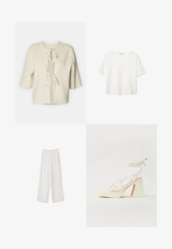Cardigan à manches courtes, ouvert sur le devant, en tissu doux de couleur crème avec une texture côtelée et deux attaches à nouer au cou.; T-shirt blanc à manches courtes en coton. Doté d'un col ras du cou et d'une coupe décontractée. Texture lisse sans motifs ni accents visibles.; Pantalons larges blancs en tissu léger. Dotés d'une taille élastique avec cordon de serrage et de poches latérales. Texture lisse.; Sandale blanche à talons hauts avec un talon épais, présentant un design à lanières et un lien autour de la cheville. Texture lisse avec une plateforme à l'avant pour une hauteur supplémentaire.
