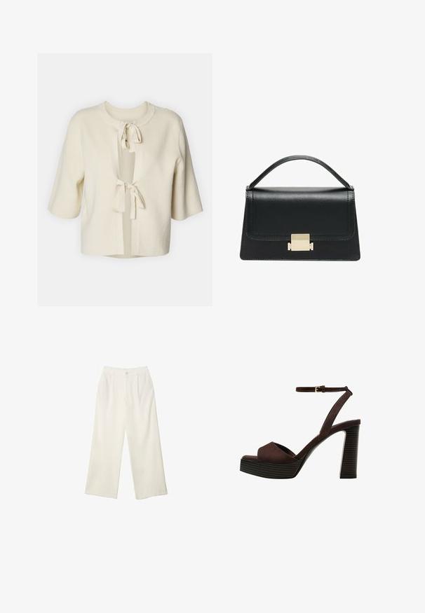 Cardigan à manches courtes, ouvert sur le devant, en tissu doux de couleur crème avec une texture côtelée et deux attaches à nouer au cou.; Haut léger de couleur crème avec des manches courtes, un col rond et des détails froncés sur le côté pour une silhouette ajustée.; Pantalons à jambes larges en tissu crème avec une texture lisse, dotés d'un seul bouton à l'avant, de plis subtils et d'un design taille haute.; Sandale à talons hauts en suede marron avec un bout ouvert, une bride de cheville réglable et une semelle de plateforme rayée.; Sac à main en cuir noir au design structuré, avec une poignée supérieure et un détail de fermoir en métal doré à l'avant. Texture lisse, couture minimale.