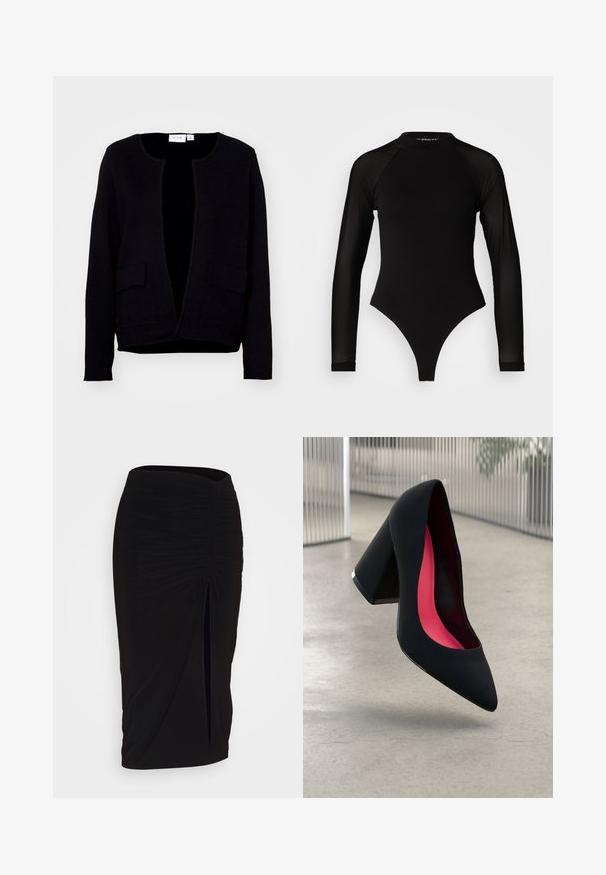 Melnā kardigāna dizains ar apaļu kakla izgriezumu, atvērtu piegriezumu un divām priekšējām kabatām. Izgatavots no mīksta materiāla ar gludu tekstūru.; Melna garā piedurkne bodijs ar augstu apkakli, kurā ir blīvs audums uz ķermeņa un caurspīdīgas acs piedurknes, izstrādāts pieguļošā formā.; Melna, ručām veidota zīda svārku ar saišu detaļu un sānu izgriezumu. Izgatavota no elastīga auduma, ar gludu tekstūru un pieguļošu dizainu.; Melna augsta papēža kurpe ar smailu purngalu, teksturētu virsmu un dzīvespriecīgu rozā interjeru. Satur masīlu papēdi ar sudraba akcentu.