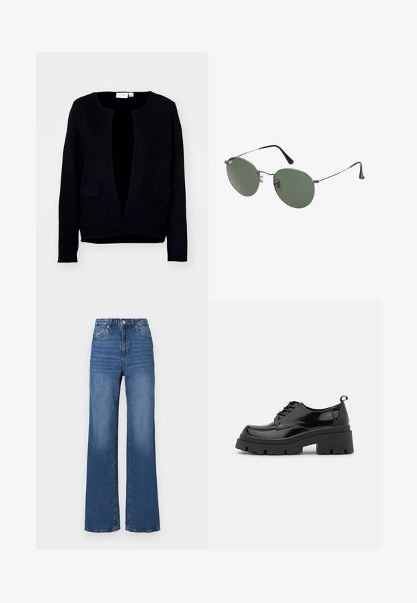 Fekete kardigán kerek nyakkal, nyitott elülső résszel és két elülső zsebbel. Puha anyagból készült, sima felülettel.; Két ujjatlan felső fekete és fehér színben, bordás pamutból készült, kerek nyakkivágással és testhez simuló fazonnal. Mindkettőn látható címke.; Magas derekú, bő szárú kék farmernadrág, klasszikus öt zsebes kialakítással, a nadrág szárain pedig finom kopásnyomokkal.; Fekete lakkbőr cipők vastag talppal és széles fűzővel. Kerek orr, minimális díszítés és egy kis sarkantyú a hátsó részén.; Fémkeretes napszemüveg ovális zöld lencsékkel. Vékony ezüst színű fémkeret és fekete fülrész. Minimalista dizájn, látható logók nélkül.