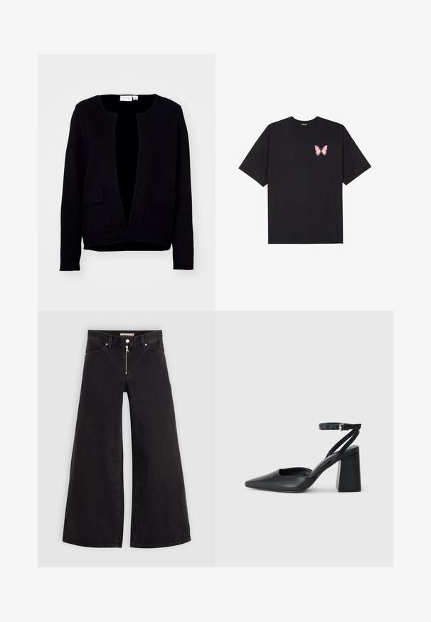 Juodas kardiganas su apvaliu iškirpimu, atviru priekiu ir dviem priekinėmis kišenėmis. Pagamintas iš minkštos medžiagos su lygiu paviršiumi.; Juodas medvilnės marškinėliai trumpomis rankovėmis, su maža rožine drugelio grafika kairėje krūtinės pusėje. Apvalus kaklo iškirpimas, laisvas kirpimas.; Plačios kojų džinsai iš juodo džinsinio audinio su užtrauktuku priekyje, penkių kišenių dizainu ir subtiliais siuvinėjimo akcentais. Lygus paviršius ir laisvalaikio stilius.; Juoda odinė smailiagalė aukštakulnio bateliai su kulkšnies dirželiu ir storu kulnu. Lygus paviršius, elegantiškas dizainas ir minimalistiška estetinė.