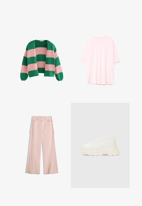 Vihreä ja vaaleanpunainen raidallinen neulecardigan, jossa on löysä istuvuus, avonainen etuosa ja pitkät hihat. Materiaali on paksua ja hengittävää.; Vaaleanpunainen ylisuurikokoinen T-paita, joka on valmistettu pehmeästä puuvillasta. Pyöreä kaula-aukko, lyhyet hihat ja hieman pidempi takasauma. Ei näkyviä kuvioita tai koristeita.; Vaaleanpunaiset leveälahkeiset farkut, joissa on textured-pinta, hullutettu helma ja viisi taskua. Varustettu nappikiinnityksellä ja vyölenkeillä.; Valkoinen kangaskenkä paksulla pohjalla, pyöreällä kärjellä ja viidellä nauhakuutiolla. Takareunan vipu helpottaa pukemista. Sileä pinta, minimalistinen muotoilu.