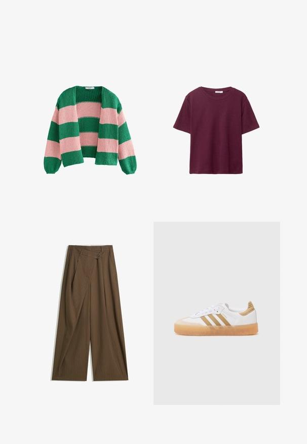 Groen en roze gestreepte gebreide cardigan met een losse pasvorm, open voorkant en lange mouwen. De textuur is chunky en ademend.; Bordeaux korteboven T-shirt van zachte katoen. Heeft een klassieke ronde halslijn en een relaxte pasvorm. Effen textuur, geen patronen of accenten.; Bruine wijde broek met fijne witte streepjes, hoge taille, sluiting met een knop aan de voorkant en een overslagpaneel.; Witte sneaker met beige accenten, met drie strepen, een ronde neus en een doorschijnende rubberen zool. Van soepel leer en textielmateriaal.