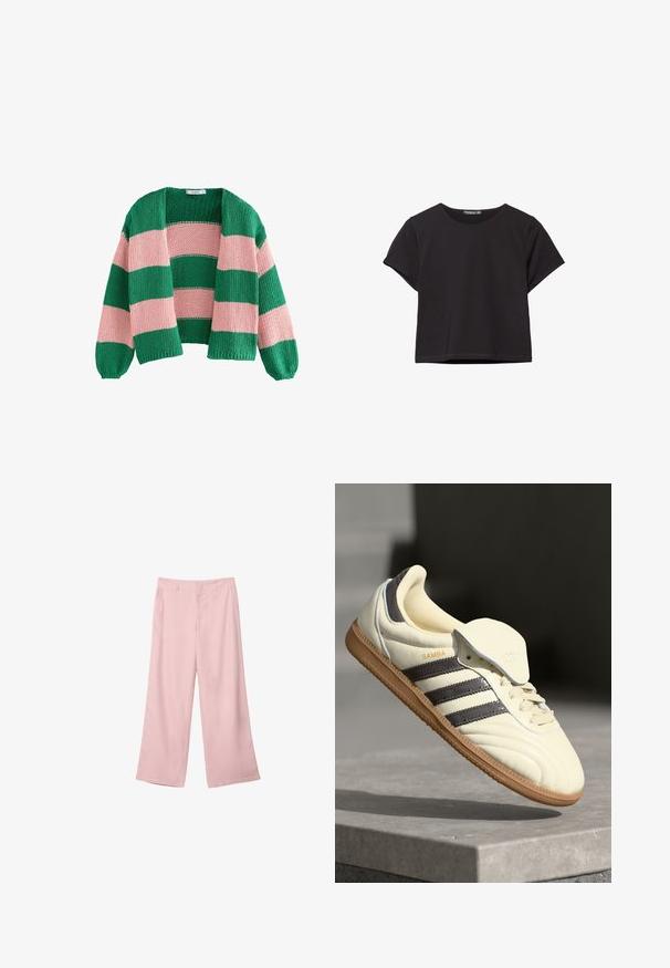 Grüne und rosa gestreifte Strickjacke mit lockerem Schnitt, offenem Frontdesign und langen Ärmeln. Die Textur ist grob und atmungsaktiv.; Schwarzes kurzärmliges Crop-Top aus weichem Stoff, mit rundem Halsausschnitt und einem lässigen Schnitt mit einem sauberen Saum.; Helle rosa, weit geschnittene Hosen aus glattem Stoff. Mit einem strukturierten Bund und geraden, fließenden Beinen, ohne sichtbare Muster oder Beschläge.; Cremfarbene Ledersneaker mit drei dunklen Streifen, einer braunen Gummisohle und einer abgerundeten Zehenpartie. Hat eine faltbare Zunge, die mit "SAMBA" beschriftet ist.