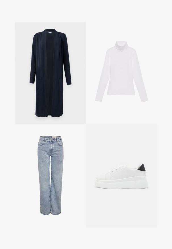 Marineblå lang cardigan med åpen front, lange ermer og to frontlommer. Laget av myk tekstil med en glatt tekstur.; Hvit langermet høyhalset topp laget av glatt, elastisk stoff. Har høy krage og tettsittende design, uten synlige mønstre eller dekorasjoner.; Lys blå vide jeans laget av denim, med høy midje, fem-lommers design og subtile falminger for et slitt utseende.; Hvite plattform sneakers laget av glatt syntetisk materiale, med rund tå, snøring og en strukturert gummisåle. Svart hæl akcent.