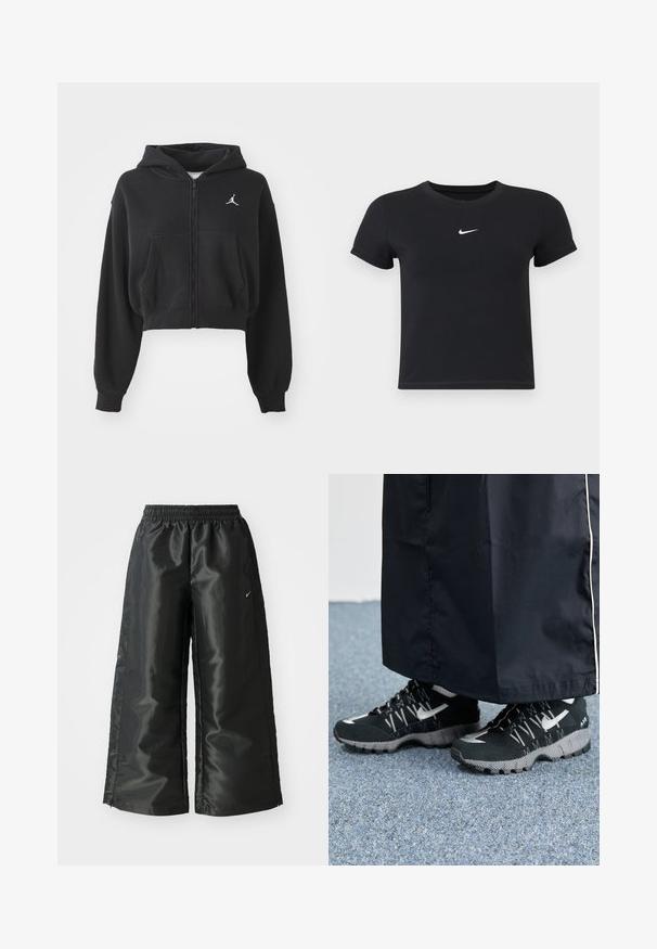 Juodas trumpas užtrauktukas džemperis, pagamintas iš minkštos medžiagos, su kengūros kišene ir baltu logotipo akcentu kairėje krūtinės pusėje.; Juodas trumpas rankoves marškinėliai, pagaminti iš medvilnės, su apvaliu kaklu. Pasižymi balta Nike logotipu ant krūtinės, minimalistišku dizainu ir prigludusia forma.; Juodi sportiniai džinsai su blizgia, lygaus audinio medžiaga, turintys elastingą juosmenį, plačias kojų dalis ir mažą logotipą kairėje pusėje.; Juodi sportiniai bateliai su tekstūruota viršutine dalimi, sidabriniais akcentais ir raštuotu padu, derinami su juoda ilga apranga. Fonas - mėlynas kilimas.