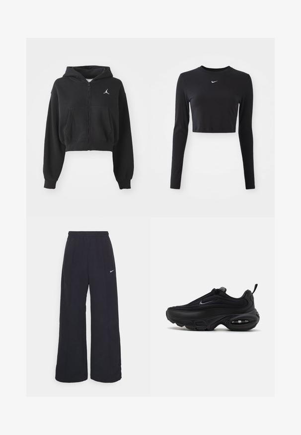 Zwarte cropped zip-up hoodie van zacht materiaal, uitgerust met een kangoeroe-pocket en een witte logoprint op de linkerkant van de borst.; Zwarte lange mouwen kort bovenstuk van gladde stof, met een ronde halslijn en een wit Nike-logo op de borst.; Zwarte wijde broek met een elastische tailleband en een klein wit Nike-logo. De stof heeft een soepele textuur, ontworpen voor comfort en casual gebruik.; Zwarte sportieve schoen met een gladde, gestructureerde bovenzijde. Beschikt over een ronde neus, een gevoerde kraag en zichtbare luchtkussens in de zool.