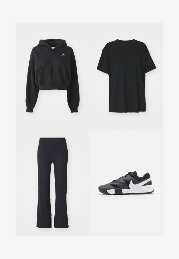 Mustast lühikesest tõmblukuga kapuutsiga jakist, mis on valmistatud pehmest kangast. Jakil on ees kaartasku ja vasakul rinnal valge logogaDetail.; Must have lühikeste varrukatega must t-särk, mis on valmistatud siledast kangast, ümmarguse kaelusega ja laia lõikega. Omab külgslitsid, mis pakuvad lisamugavust ja hingavust.; Mustad laia säärega mustad püksid, mis on valmistatud venivast kangast ja neil on kõrge vöökoht. Omavad puhtaid jooni ja siledat tekstuuri, sobivad igapäevaseks kandmiseks.; Mustmustest mustress ja hall mustkets, millel on tekstuuriga pealne, valge bränding, paelad ja kummist põhi, millel on libisemisvastased mustrid.