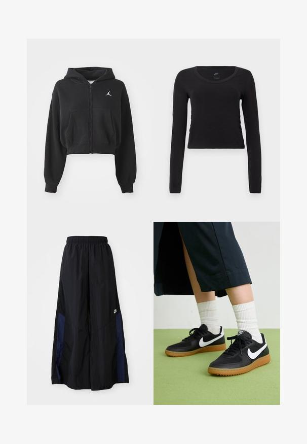 Černá zkrácená zipová mikina vyrobená z měkké tkaniny, s klokaní kapsou a bílým logem na levé hrudi.; Černé bavlněné tričko s dlouhým rukávem a zkráceným střihem. Má kulatý výstřih a jemné detailní nařasení na bocích pro přiléhavý vzhled.; Černé kalhoty širokého střihu vyrobené z lehkého materiálu, s námořnickou modrou bočním panelem a elastickým pasem. Malé bílé logo na spodní části.; Černé kožené a syntetické tenisky s bílým logem Nike, gumovou podrážkou, kulatou špičkou a černými tkaničkami. Viditelné žebrované bílé ponožky.