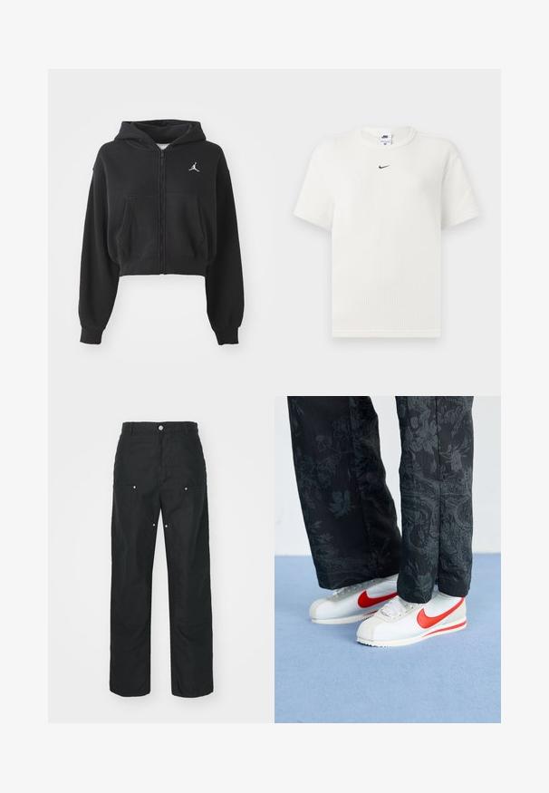 Svart cropped zip-up hettegenser laget av mykt stoff, med kengurulomme og en hvit logoakseent på venstre bryst.; Hvit ribbestrikket T-skjorte med rund hals og korte ermer. Har en liten svart Nike-logo på brystet. Struktureret stoff med en tettsittende fasong.; Svarte bukser med rett ben-design, laget av et strukturert stoff. Har dekorativt sølvtilbehør og unike sømdetaljer.; Hvit Nike-sneakers med røde detaljer, kombinert med svarte bukser med blomstermønster. Teksturen er glatt med en flat flette-såle.