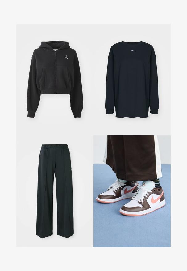 Čierna skrátená zipová mikina z mäkkej tkaniny, s kengurou kapsou a bielym logom na ľavom prsníku.; Čierne tričko s dlhým rukávom z bavlny, s okrúhlym výstrihom. Na hrudi sa nachádza biele logo Nike. Jemná textúra, jednoduchý dizajn.; Čierne, široké športové nohavice s elastickým pásom. Vyrobené z hladkej, pružnej tkaniny, s jemnými prednými švami a bez vreciek.; Biele a hnedé tenisky Nike Air Jordan s ružovými akcentmi, s nízkym dizajnom, bielymi šnúrkami a textúrovanou gumovou podrážkou.
