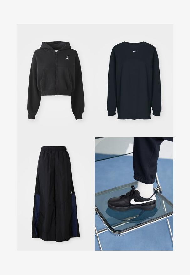 Felpa nera crop con zip realizzata in tessuto morbido, dotata di Tasca a marsupio e un accento di logo bianco sul lato sinistro del petto.; T-shirt nero a maniche lunghe in cotone con colletto rotondo. Presenta un logo Nike bianco sul petto. Texture morbida, design semplice.; Pantaloni neri a gamba larga realizzati in tessuto leggero, con un pannello laterale blu navy e una cintura elastica. Piccolo logo bianco sul fondo.; Sneakers Nike neri con accenti bianchi, caratterizzati da una superficie in pelle liscia, design con lacci e punta rotonda, posizionati su una sedia di vetro.