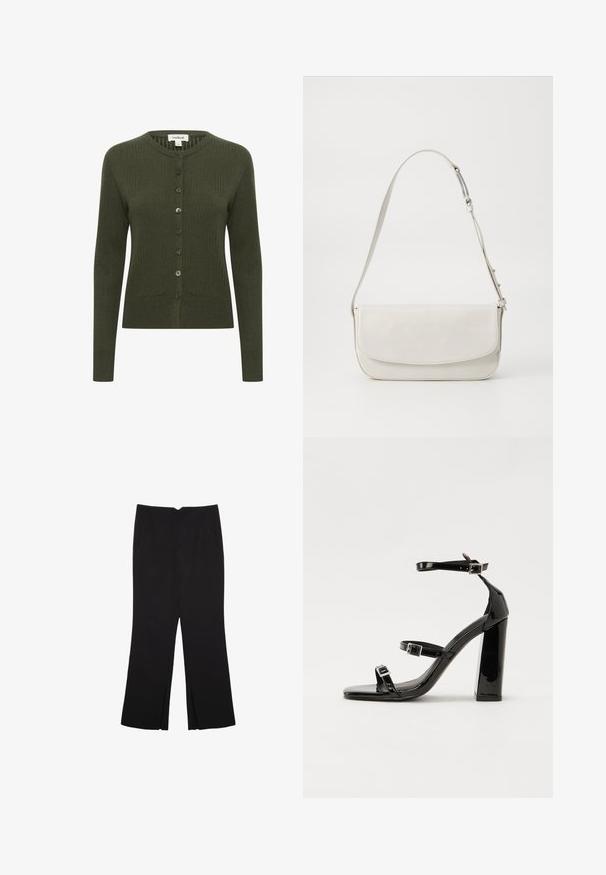 Cardigan a coste verde oliva con maniche lunghe, apertura con bottoni, scollatura rotonda e tessuto testurizzato. Presenta bottoni abbinati per la chiusura.; Top senza maniche nero realizzato in tessuto morbido, caratterizzato da un collo arrotondato e un design aderente senza motivi visibili o decorazioni.; Pantaloni neri a gamba dritta, con tasche frontali e spacchi laterali all'orlo. Realizzati in tessuto morbido e liscio. Adatti a diverse occasioni.; Sandali con tacco in vernice nera, con punta squadrata, cinturini alla caviglia e fibbie in argento. Presentano un tacco a blocco spesso per maggiore stabilità.; Borsa a spalla in pelle bianca con finitura liscia, forma rettangolare, chiusura a patta e tracolla regolabile. Dettaglio di cucitura semplice.