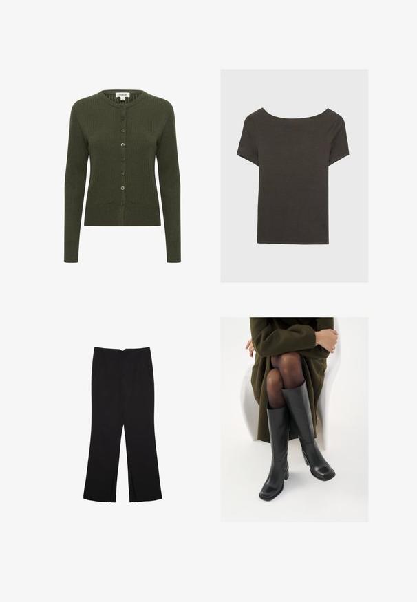 Olijfgroene geribde cardigan met lange mouwen, knopen aan de voorkant, ronde halslijn en een textiele stof. Voorzien van bijpassende knopen voor sluiting.; Donkergrijze top met korte mouwen en een bootnek. Gemaakt van ribbelstof, met een relaxte pasvorm en een nette zoom. Eenvoudig ontwerp, geen patronen.; Zwarte broek met een rechte pasvorm, voorzien van zijzakken en plooien aan de onderzijde. Gemaakt van zachte, gladde stof. Geschikt voor verschillende gelegenheden.; Knieschijf hoge zwarte leren laarzen met een vierkante neus en blokhak, getoond met een model dat zit in een olijfgroene jas. Gladde textuur, minimale details.