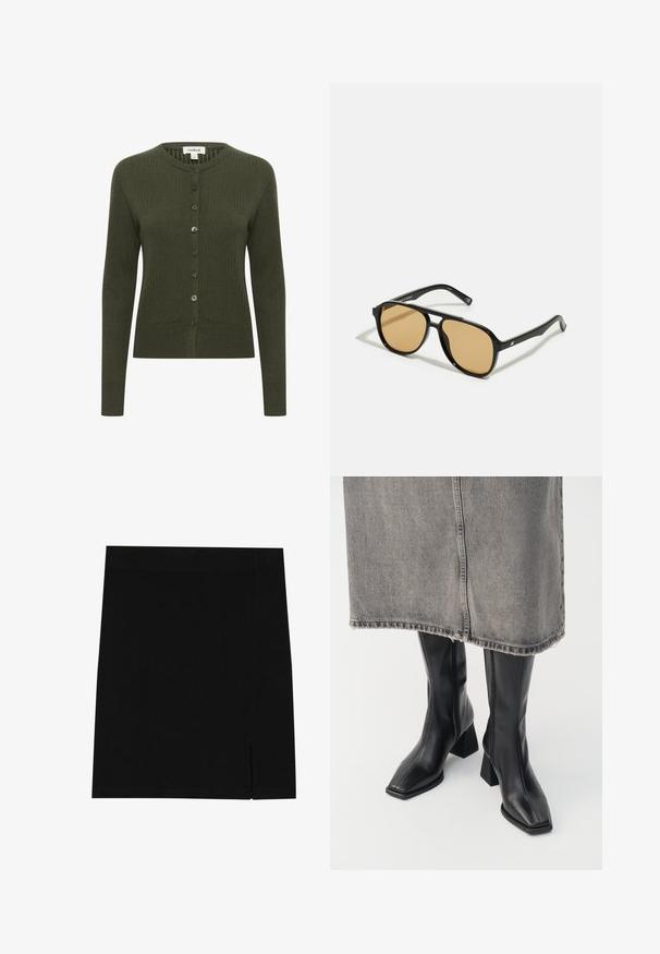 Olive green ribbed cardigan with long sleeves, button front, rounded neckline, and textured fabric. Features matching buttons for closure.; White short-sleeve t-shirt made of cotton with a round neckline and a relaxed fit. Smooth texture and no visible patterns or embellishments.; Black mini skirt made of soft fabric with a fitted design, featuring a slight slit on the side for added detail.; Black knee-high boots in smooth leather with a squared toe and block heel. Worn with a gray denim skirt with a frayed hem.; Black sunglasses with brown tinted lenses; rectangular shape with a thick frame, including subtle hardware accents on the temples.; Black leather handbag with a structured shape, a smooth texture, and a single shoulder strap. Features a subtle, rounded flap design.
