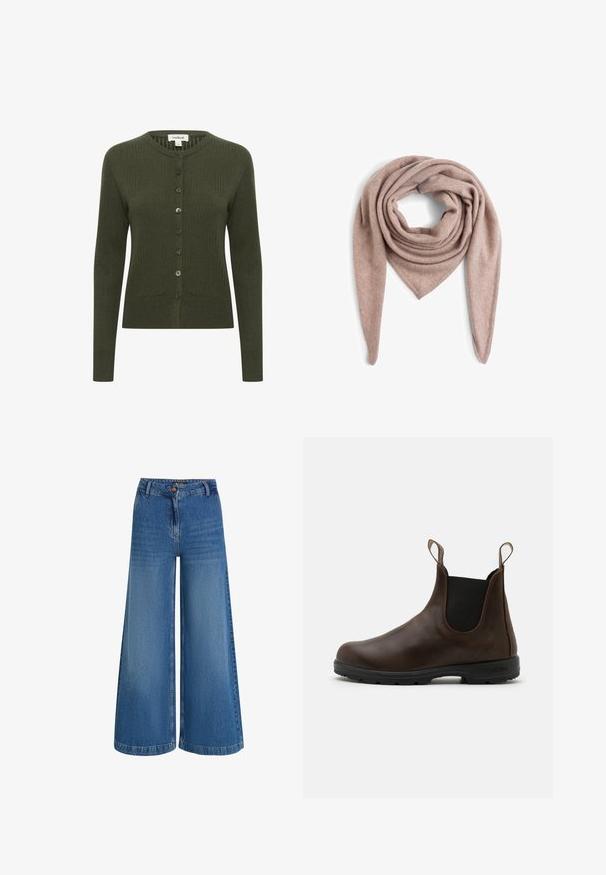 Olijfgroene geribde cardigan met lange mouwen, knopen aan de voorkant, ronde halslijn en een textiele stof. Voorzien van bijpassende knopen voor sluiting.; Witte longsleeve shirt van ribstof, met een ronde halslijn en een getailleerde vorm. Er zijn geen patronen of accenten aanwezig.; Lichte blauwe denimbroek met wijde pijpen, voorzien van een hoge taille, een sluiting met een knoop aan de voorkant en subtiele vervagingen in de stof voor textuur.; Bruine leren enkellaars met elastische zijkanten, trekriempjes en een getextureerde rubberen zool. Heeft een slank, rond te ontwerp.; Marie Lund Sjaal - taupe; Bruine suède emmerij met een enkele schouderband en een afneembare crossbodyband. Rechte textuur en minimalistisch ontwerp zonder zichtbare hardware.