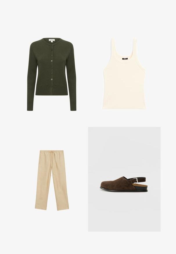 Olivengrøn ribbet cardigan med lange ærmer, knaplukning foran, rund halsudskæring og struktureret stof. Har matchende knapper til lukning.; Lys beige tanktop lavet af ribbet stof, med rund halsudskæring og brede stropper, i en tætsiddende pasform og minimal pynt.; Lys beige, løstsiddende bukser med elastisk talje og snøre. Har to sidelommer og en glat overflade.; Brune ruskinds slip-on sko med lav hæl, en justerbar rem med en sølv spænde og en sort gummisål.