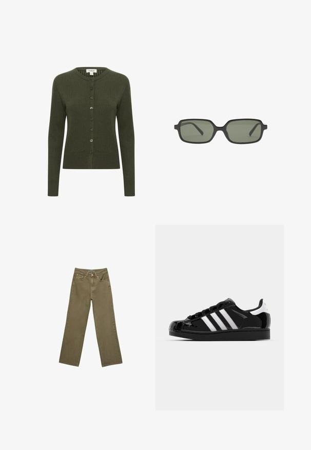 Olivgrüner, gerippter Cardigan mit langen Ärmeln, Knopfleiste, rundem Ausschnitt und strukturiertem Stoff. Mit passenden Knöpfen zum Schließen.; Zwei kurzärmlige Oberteile: eines in Schwarz und eines in Weiß. Beide haben ein figurbetontes Design mit seitlichen Raffungselementen und abgerundeten Säumen.; Olivengrüne, weit geschnittene Jeans aus Baumwolle mit stabiler Textur. Sie verfügen über einen Reißverschluss, fünf Taschen und kontrastierende Nähte in der Nähe des Bundes.; adidas Originals SUPERSTAR II - Sneaker low - core black/footwear white/gold metallic; Schwarze rechteckige Sonnenbrille mit dunkelgrünen Linsen, die ein flaches Design, minimalistische Seiten und einen leichten Rahmen für hohen Tragekomfort aufweist.; Schwarze Lederhandtasche mit geflochtenen Griffen, Reißverschlussfach und hängenden Quasten. Strukturiert Oberfläche mit Metallnieten und Hardware-Akzenten.