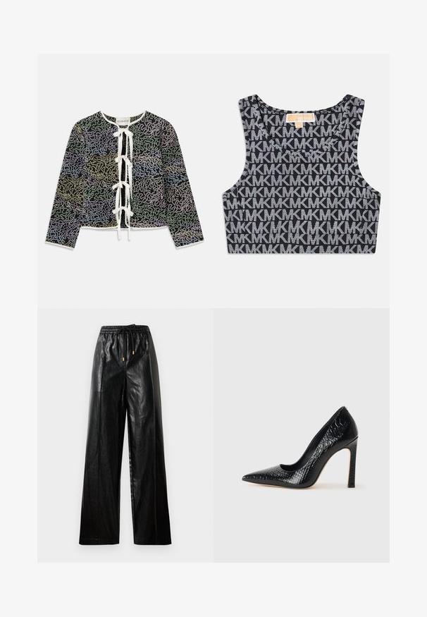 Juodas kardiganas su gėlių raštu žalia, mėlyna ir geltona spalvomis, su balta raišteliu ir ilgomis rankovėmis.; Juodas trumpas tanko tipo marškinėlis su pakartotu baltu MK logotipo raštu, apvaliu iškirpimu ir plačiomis petnešomis. Lygus paviršius.; Juodos odinės plačios kelnės su elastine juosta, raišteliu ir auksiniais akcentais. Lygus paviršius ir laisvas fasonas.; Juoda smailiakulnė aukšto kulno bateliai su krokodilo odos tekstūra, pasižymintys elegantišku dizainu, aukštu stiletu kulnu ir lygia juoda vidine dalimi.