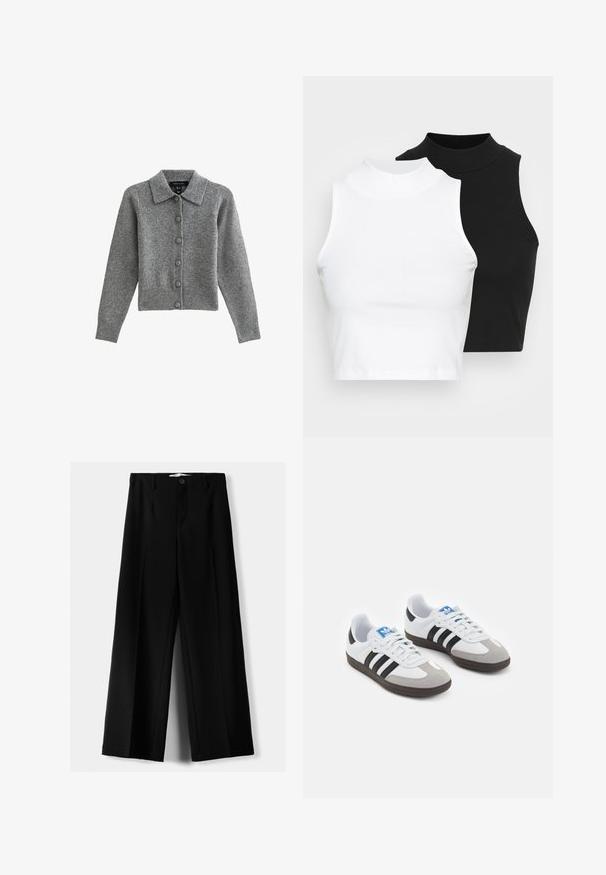 Gray cardigan with a collar, button-front, and ribbed hem. Made from soft fabric, it features long sleeves and six matching buttons.; Two sleeveless ribbed turtleneck tops in black and white, featuring a fitted design and smooth texture, with cropped length.; Black wide-leg trousers made of lightweight fabric, featuring a front button closure and flat front, with neatly stitched hems.; Sport shoes with a white leather upper, gray suede toe, and three black stripes. Features a blue logo on the tongue and a textured rubber sole.