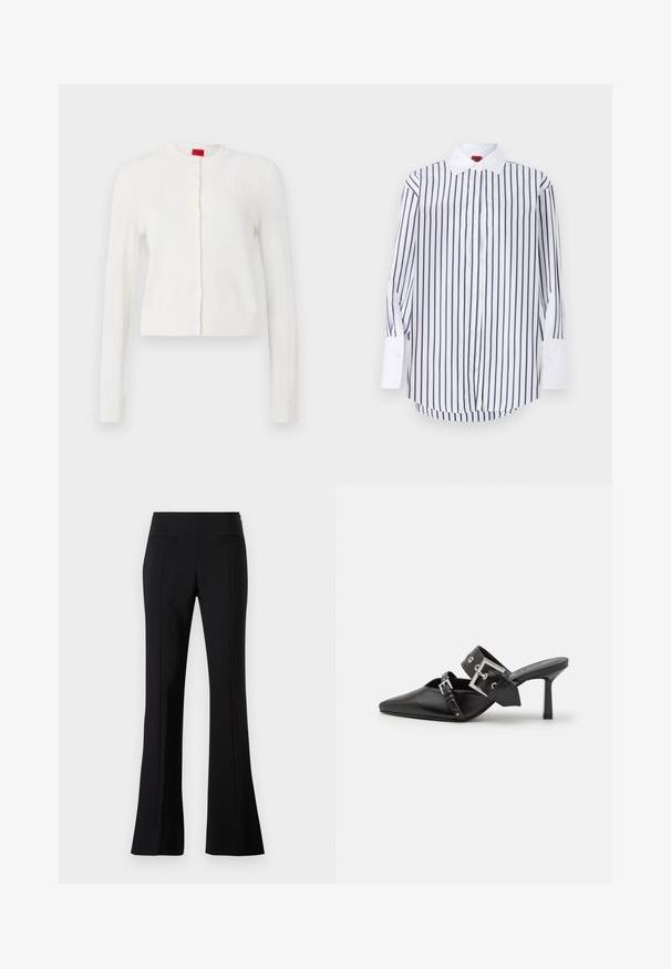 Biely kardigán s dlhými rukávmi, okrúhlym výstrihom, prednými gombíkmi a diskrétnym logom. Mäkka štruktúra a skrátený dizajn.; Biela košeľa s námořníckymi vertikálnymi pruhmi, dlhými rukávmi s bielymi manžetami, klasickým golierom a zakriveným lemom. Hladká textúra látky.; Čierne rozšírené nohavice vyrobené z hladkej látky s vysokým pásom, ktoré majú dve zadné vrecká a záhyb na prednej strane každej nohy.; Čierne vysoké podpätky mule so špicatou špičkou, vyrobené z hladkej kože. Obsahujú široký členkový remienok so štvrcovým strieborným sponom a cvokmi.