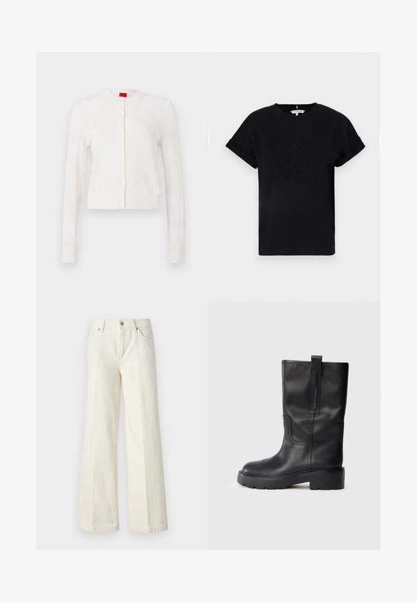Vit cardigan med långa ärmar, rund hals, framknäppning och subtil logotypdetalj. Mjuk textur och kort design.; Svart bomull t-shirt med rullade korta ärmar, med en präglad logotyp i mitten och en liten flaggdetalj på sidan.; Vida vida vita vita vida vita vida vita vita vida vita vitala vita.; Svarta läderknähöga stövlar med en stilren design, som har en tjock sula och en dragflik på sidan för enkel påtagning. Iögonfallande sömnadsakcentueringar.
