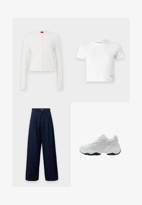 Cárdigan blanco de mangas largas, cuello redondo, botones en la parte delantera y detalle sutil del logotipo. Textura suave y diseño corto.; Camiseta blanca corta hecha de algodón suave, con un cuello alto y mangas cortas. Pequeño logo bordado en la esquina inferior.; Pantalones vaqueros de mezclilla anchos en azul oscuro con cintura alta, frente plisado y cierre de botón clásico, que cuentan con bolsillos laterales y costuras en contraste.; Zapatilla blanca hecha de cuero liso con acentos texturizados, punta redondeada, parte delantera con cordones y suela de goma negra con patrón de agarre.