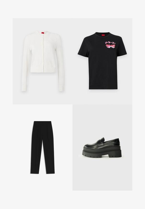 Witte cardigan met lange mouwen, ronde hals, knopen aan de voorkant en subtiele logo-detail. Zachte textuur en cropped ontwerp.; Zwarte katoenen t-shirt met korte mouwen, featuring een roze grafiek van een zonnebril en de tekst "Not Your Girl" op de linkerborst.; Zwarte broeken met een rechte pasvorm, voorzien van dubbele plooien, een zachte textuur en een klassiek taillebandontwerp. Geen zichtbare hardware of accenten.; Zwarte lederen loafers met een chunky plateauzool. Rondere neus, naden aan de voorkant en subtiele stikselaccenten. Vlakke, gestructureerde buitenzool.