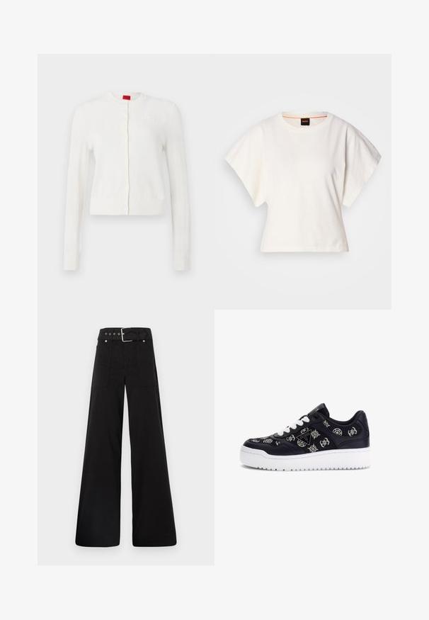 Valge kardigan pikade varrukatega, ümmarguse kaelusega, esipaneeli nööbid ja peene logo detailiga. Pehme tekstuur ja lühendatud disain.; Valge lühikeste laiadte varrukatega lühike T-särk, pehme puuvillane materjal, ümar kaelus kergelt oranži ääristusega, minimaalne disain, ilma mustrite ja graafikateta.; Mustad laiad mustad püksid, mis on valmistatud puuvillast, kõrge vöökoha, suurte küljetaskute ja kumerate rihmadega, kus on hõbedased detailid.; Tumed nahk kingad valge kummist tallaga, tikandiga logo mustritega ja valged paelad. Omavad pehmendust kaelas mugavuse tagamiseks.