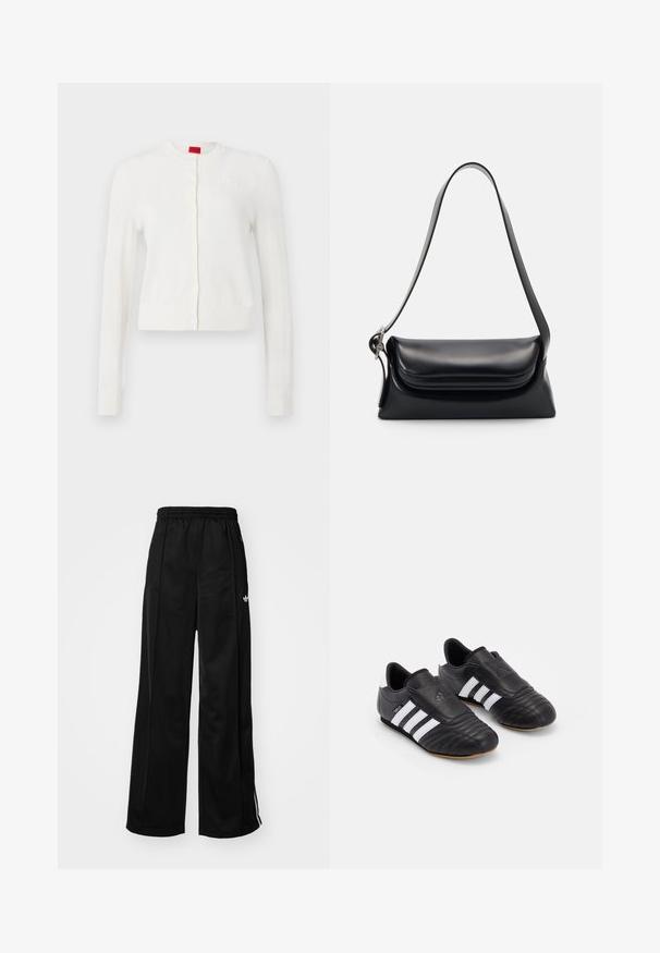 Cardigan bianco con maniche lunghe, collo rotondo, bottoni frontali e dettagli logo discreti. Texture morbida e design cropped.; T-shirt bianca a maniche corte e scollo rotondo con vestibilità slim, esposta piatta su uno sfondo bianco.; Pantaloni da tuta neri a gamba larga con vita elasticizzata, caratterizzati da strisce laterali bianche e un piccolo logo sull'anca sinistra. Tessuto liscio.; Scarpe da calcio nere con tomaia in pelle testurizzata, dotate di una parte anteriore imbottita, tre strisce bianche sui lati e una suola in gomma naturale.; Borsa a tracolla nera in pelle con una forma strutturata, una texture liscia e una singola tracolla. Presenta un design a patta arrotondata e discreta.