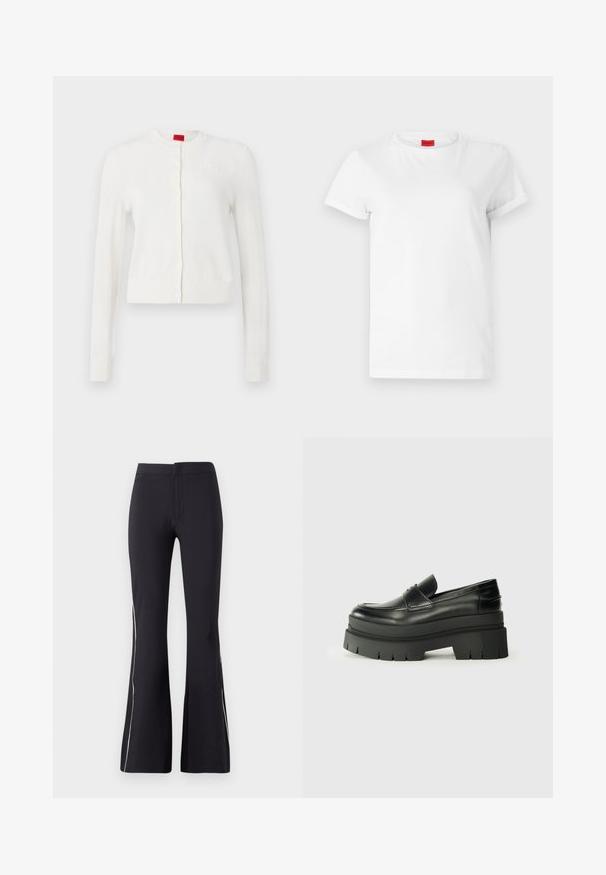 Balts kardigāns ar garām piedurknēm, apaļu kaklu, priekšējiem pogām un smalku logotipa detaļu. Mīksta tekstūra un īsais dizains.; Balts īsām piedurknēm T-krekls, izgatavots no viegla kokvilnas. Tam ir apaļa kakla izgriezums un sarullētas piedurknes. Sarkans logotipa uzlīme uz apkaklītes.; Melnas platās bikses izgatavotas no stiepjama auduma. Tām ir gluda faktūra un kontrastējoša balta maluma apdare. Vienkāršs elastīgā josta dizains.; Melnas ādas loafers ar masīvu platformas zoli. Noapaļota purngala forma, priekšējā šuvju detaļa un smalki šuvju akcenti. Plakana, teksturēta zole.