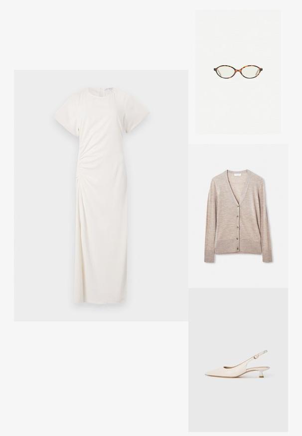 Béžový cardigan vyrobený z ľahkého pleteného materiálu, s výstrihom do V, dlhými rukávmi a šiestimi gombíkmi na prednej strane.; Biele šaty s krátkymi rukávmi, okrúhlym výstrihom a detailom na bočnom riasení; hladká tkanina s dĺžkou po zem.; Krémová lodička s špicatou špičkou a nízkým jemným podpätkom so zlatou sponou na jednoduchom bielom pozadí.; Korytnačkové okuliare s oválnymi šošovkami a hladkým, lesklým povrchom. Majú tenké strany s jemným zakrivením na spánkoch. Priehľadné šošovky.
