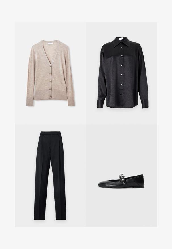 Beige svetr vyrobený z lehkého pleteného materiálu, s výstřihem do V, dlouhými rukávy a šesti knoflíkovými zapínáními na přední straně.; Černá košile s dlouhým rukávem a límečkem, s jakostní texturou, plně zapínací, s manžetami. Vyrobena z hladkého materiálu.; Černé kalhoty vyrobené z hladké tkaniny, vybavené vysokým pasem, širokými nohavicemi, předními záhyby a klasickými poutky na opasek. Nejsou viditelné boční kapsy.; Černé kožené baletní střevíce s špičatou špičkou, vybavené páskem s kruhovou kovovou přezkou a plochou podrážkou.