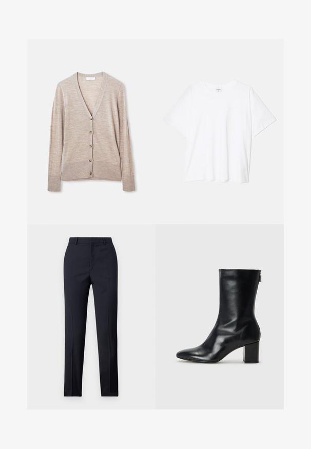 Cardigan bej dintr-un material tricotat ușor, cu decolteu în V, mâneci lungi și șase închideri cu nasturi pe partea din față.; Tricou alb din bumbac, cu mâneci scurte, guler rotund, croi lejer și tiv cusut. Eticheta este vizibilă pe interiorul gulerului.; Pantaloni tailor-made de culoare bleumarin cu o croială dreaptă, având o textură netedă, două buzunare frontale și o talie curată.; Botină din piele neagră, cu vârf ascuțit și toc bloc de 4 cm. Design elegant, cu un fermoar lateral pentru o îmbrăcare ușoară. Textură netedă.