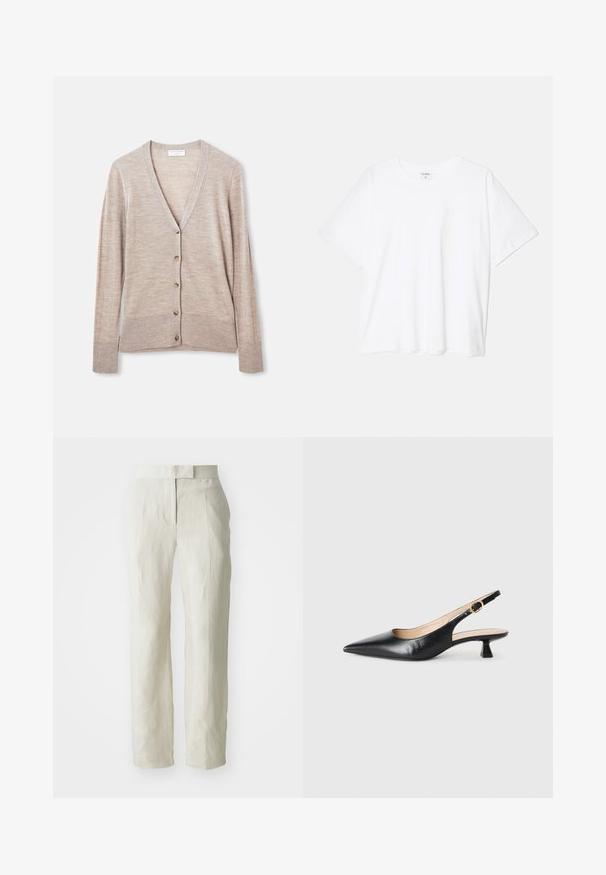 Béžový cardigan vyrobený z ľahkého pleteného materiálu, s výstrihom do V, dlhými rukávmi a šiestimi gombíkmi na prednej strane.; Biely bavlnený tričko s krátkymi rukávmi, okrúhlym výstrihom, voľným strihom a prešitým lemom. Štítok viditeľný na vnútornom krku.; Biele ľanové nohavice s upraveným strihom, s plochým predným dielom a rovnými nohami. Hladká textura s jemným detailom záhybov.; Čierne kožené sandále na podpätku s ostrou špičkou a zlatou prackou na bočnom pásiku, na bielom pozadí.