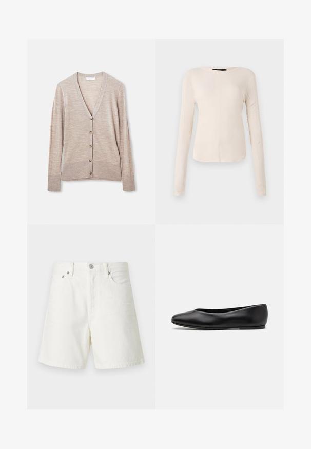 Cárdigan beige de tejido de punto ligero, con escote en V, mangas largas y seis botones en la parte delantera.; Top de manga larga, color beige claro, con cuello redondo. Fabricado en un tejido suave, presenta una costura central y un dobladillo ligeramente curvado. Sin herrajes visibles.; Shorts de mezclilla blanca con corte recto, diseño de cinco bolsillos, cierre frontal con botón, herrajes plateados y detalles de costura.; Paul Smith TOPANGA - Bailarinas - black