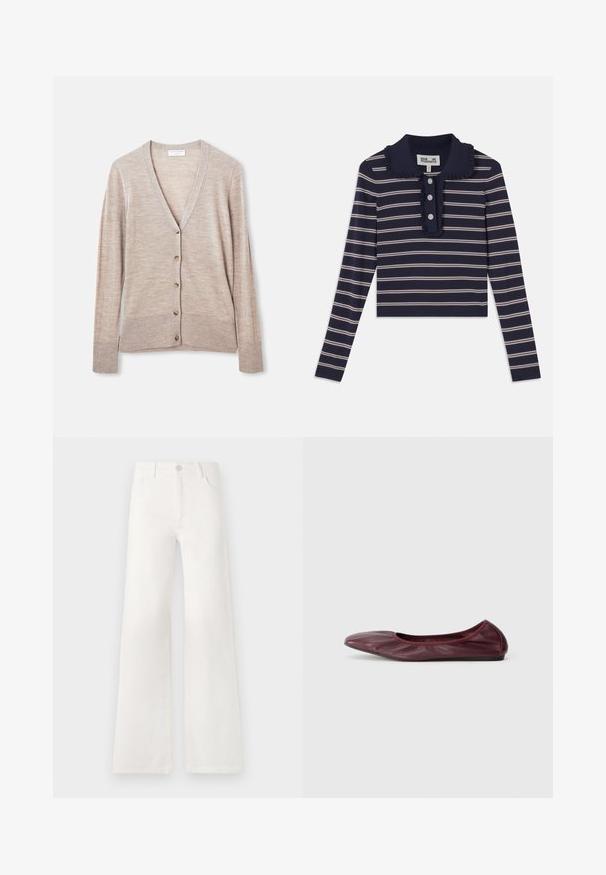 Vaalean beige neuletakki, joka on valmistettu kevyestä neuloksesta. Siinä on V-pääntie, pitkät hihat ja kuusi nappia edessä.; Laivastonsininen pitkähihaisempi paita, jossa on vaaleanpunaisia vaakaraitoja, röyhelökaulus ja etupuolella kolme napinläpeä; valmistettu pehmeästä ja joustavasta materiaalista.; Valkoiset, korkeavyötäröiset ja leveälahkeiset farkut, jotka on valmistettu denimkankaasta. Ominaisuuksiin kuuluu napp closure, kaksi etutaskua ja sivusaumojen ompeluyksityiskohdat.; Ballet flatti tumman burgundin värisessä nahassa, jossa on pyöreä kärki, venytettävä reuna ja sileä pinta, jossa on hienovaraisia laskosyksityiskohtia.