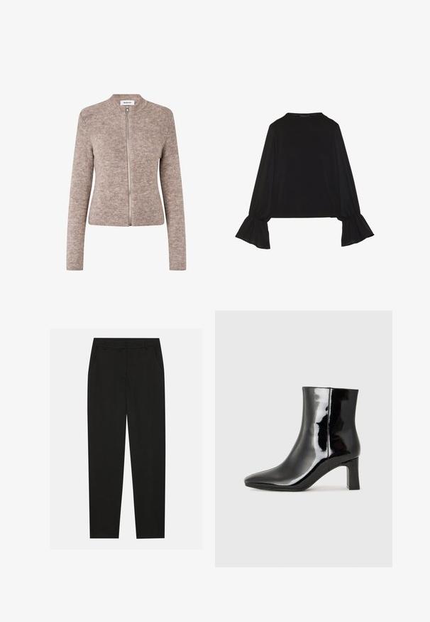 Beige ribbed cardigan with a high neck and front zipper. Soft texture, fitted design, and long sleeves. Minimalist style with no patterns or accents.; Black long-sleeve top featuring flared cuffs, soft texture, and a relaxed fit, with a simple round neckline.; Black trousers with a tailored design, featuring side pockets and a straight leg. Made from smooth, lightweight fabric with a sleek finish.; Black patent leather ankle boot with a pointed toe and a mid-height block heel. Smooth texture and minimalist design.