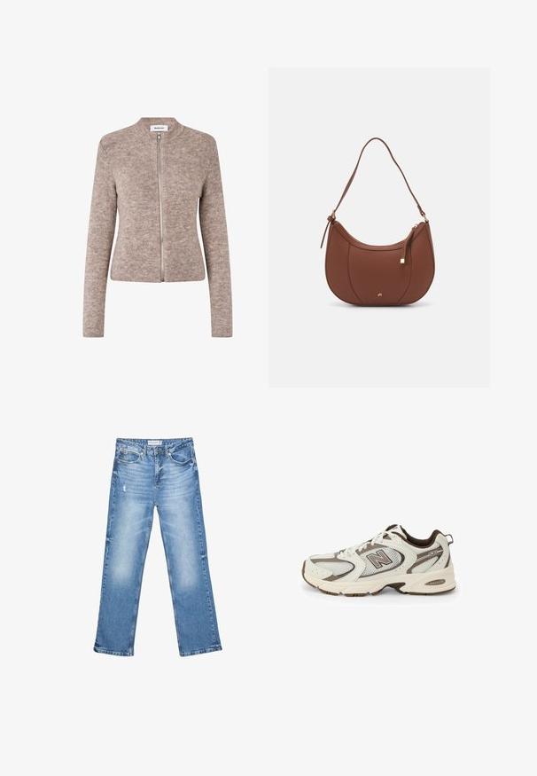 Bežani rebrasti kardigan s visokim ovratnikom i prednjim zatvaračem. Mekana tekstura, uski kroj i dugi rukavi. Minimalistički stil bez uzoraka ili akcenata.; Bijela majica na bretele, rebrasta tekstura, okrugli izrez, bez rukava, uski kroj, suptilno brendiranje na etiketici unutar područja ovratnika.; Svijetloplave traperice, ravnog kroja, s izblijedjelim dijelovima i suptilnim trošenjem. Imaju pet džepova i klasično zakopčavanje na dugme.; Bijela i smeđa sportska cipela s mrežastim gornjim dijelom, zakrivljenim dizajnom, podstavljenim potplatom i "N" logotipom na strani. Izdržljiv potplat od gume.; Smeđa torba od umjetne kože s zakrivljenim oblikom, minimalnim šavovima i zlatnim metalnim detaljima. Ima zatvaranje na gornjoj strani sa patentnim zatvaračem i podesivu naramenicu.