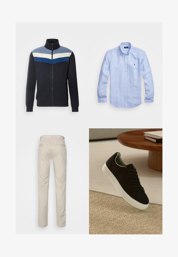 Felpa con zip blu navy e colletto alto, caratterizzata da strisce orizzontali in blu chiaro, crema e blu scuro sul petto.; Camicia a maniche lunghe a righe bianche e blu in cotone, con colletto button-down, bottoni frontali e un piccolo logo ricamato sul petto.; Pantaloni beige con una texture liscia, taglio dritto, due tasche posteriori con bottoni e vita standard.; Sneaker nero con suola bianca che flotta sopra un tappeto beige testurizzato vicino a un tavolo rotondo in legno con libri impilati.